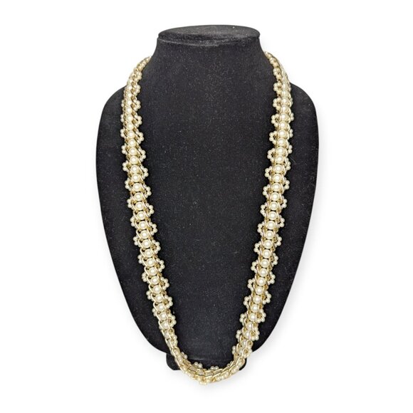 Gold Tone & Faux Pearl Woven Strand Necklace Adjustable Length - Picture 1 of 7